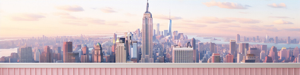 Cityscape of New York City in the morning with a pink wall in the foreground. - obrazy, fototapety, plakaty