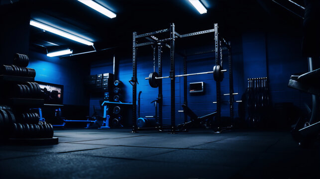 Blue themed empty modern gym interior with barbells and weights