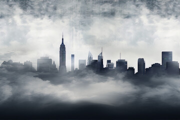 Dark and foggy cityscape with skyscrapers.