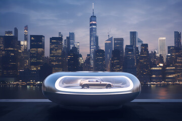 A silver futuristic car inside a glass capsule with the New York City skyline in the background.