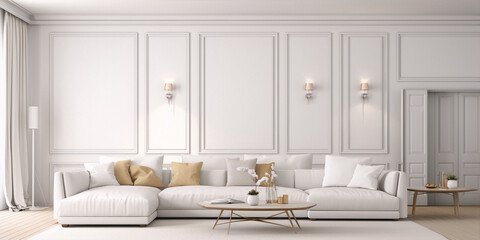 Bright airy white living room interior design with white sofa and golden accents in classic contemporary style