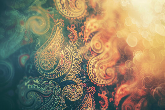 Retro-inspired paisley pattern background with vibrant shades, evoking nostalgia.
