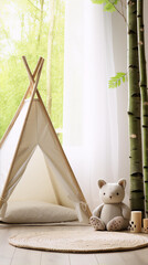 Fototapeta na wymiar Scandinavian interior of a childs room with a teepee tent, a soft toy bear, a rug and a decorative tree against the background of a large window