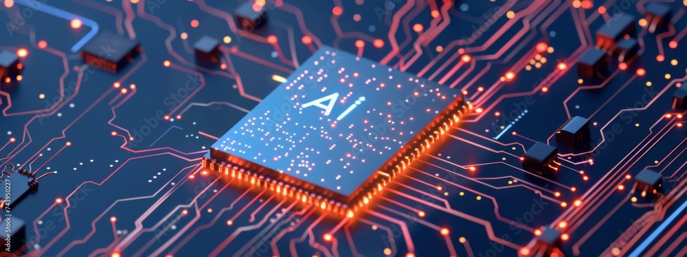 Poster a close-up photo of a computer motherboard with a glowing cpu