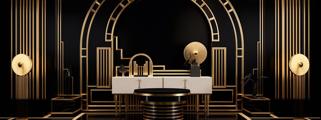 3d illustration of an Art Deco style room with black and gold colors and geometric shapes