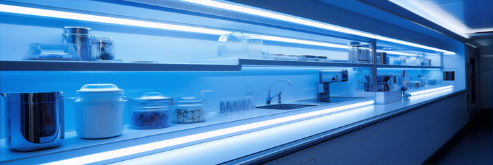 White kitchen appliances on shelves, blue lighting, minimalist design, modern kitchen interior, clean and sleek, perfect for advertising kitchen products. 
