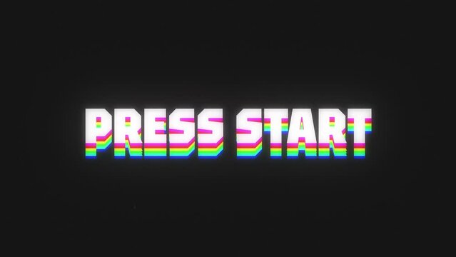 A nostalgic retro typography motion graphic with the words Press Start gaming terminology with scrolling looping colourful animation in 4k UHD 30p