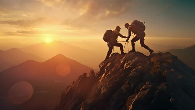Group of hikers at sunset mountain. Young people on mountain hike at sunrise. They holding hands and helping each other. The concept of support and business. Ai-generated.