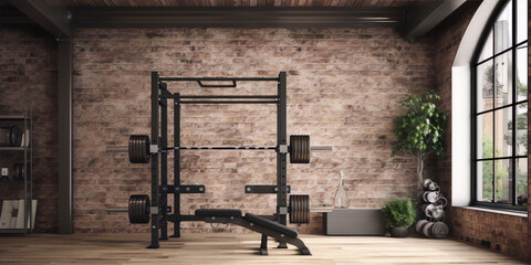3D rendering of a home gym with brick walls, weightlifting equipment, and a large window. - obrazy, fototapety, plakaty