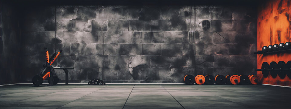 3D rendering of a dark and empty gym with orange exercise equipment.