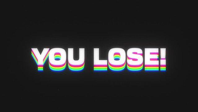 A nostalgic retro typography motion graphic with the words You Lose gaming terminology with scrolling looping colourful animation in 4k UHD 30p