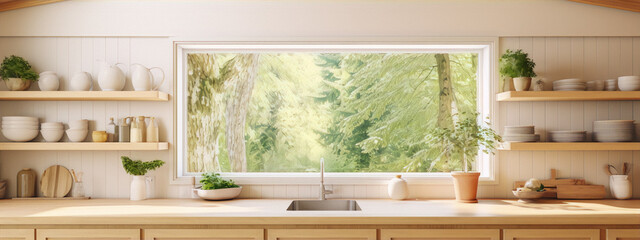 Bright and Airy Kitchen With a View of the Forest - obrazy, fototapety, plakaty