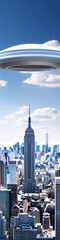 Cityscape with UFO, featuring the Empire State Building, in a realistic style with a blue sky and white clouds. - obrazy, fototapety, plakaty