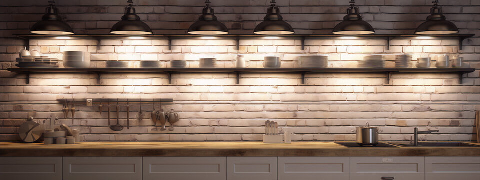 Rustic kitchen interior with brick wall and wooden shelves with dishes and utensils.