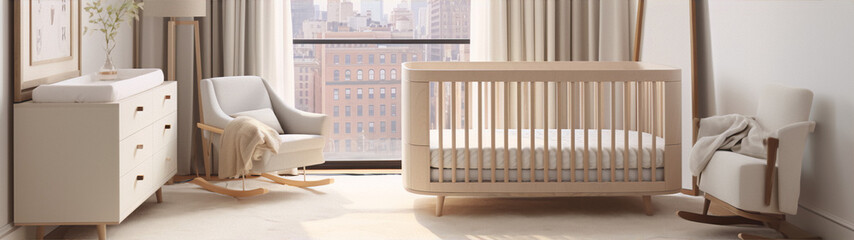 Obraz na płótnie Canvas 3D rendering of a modern nursery with a crib, rocking chair, and dresser in a neutral color palette with a large window in the background