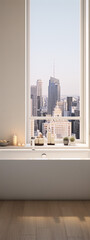 Cityscape view from modern bathroom interior with bathtub and candles