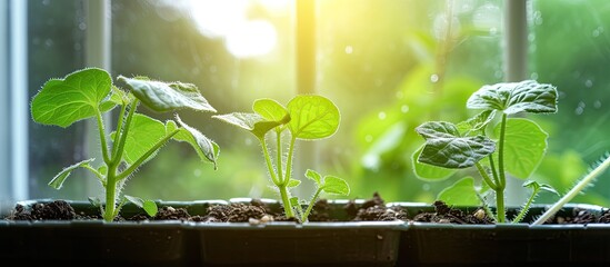A close-up photo of vibrant cucumber seedlings growing healthily in a window sill.