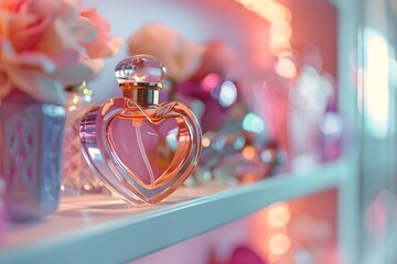 Perfume en una botella con forma de corazon color rosa suave en un estante, producto atractivo o decoracion de san valentin. - obrazy, fototapety, plakaty