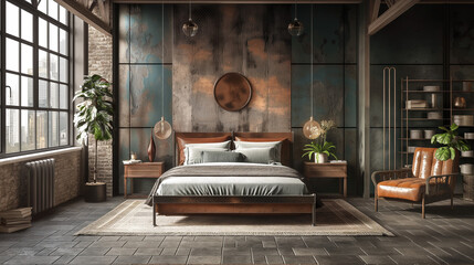 Contemporary Industrial Bedroom with Minimalist Decor and City Views
