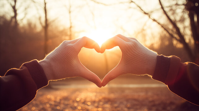 Hands in heart shape. Hands heart shape on nature bokeh sun light flare and blur leaf abstract background. Shape of a love heart