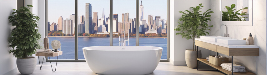 Cityscape view from luxury bathroom interior with bathtub and plants