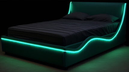 Futuristic glowing green LED bed in a dark room