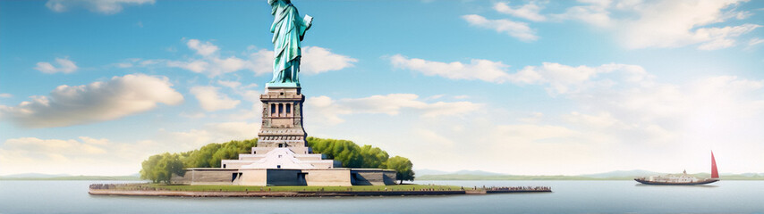 New York, Statue of Liberty, and a red sailboat on the Hudson River - obrazy, fototapety, plakaty
