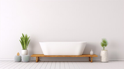 Bathroom interior with a bathtub, plants, and a wooden bench. White walls and floor. 3d illustration. - obrazy, fototapety, plakaty
