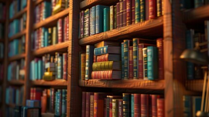 Close-up of a bookshelf with selective focus on a book collection. Warmly lit library with an extensive range of books. Personal library with a focus on a diverse book selection.