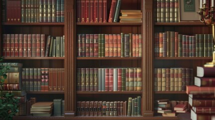 Classic library setting with antique books on wooden shelves. Timeless elegance in a traditional book collection. Historical and literary atmosphere in a private library. - obrazy, fototapety, plakaty