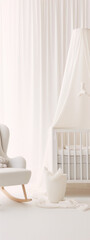 White nursery with a crib, rocking chair, and canopy