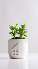 A photo of a ceramic house-shaped pot with green plants inside it.
