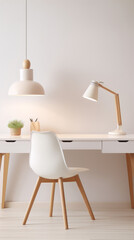 Fototapeta na wymiar Minimalist home office interior with white walls, wooden desk and chair, and stylish lamp.