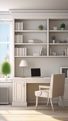 3D rendering of a home office with a large window, bookshelves, and a desk with a laptop and a lamp.