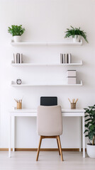 Minimalist home office with white shelves, desk, chair and plants