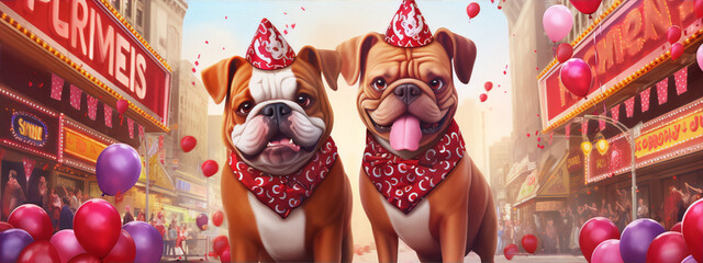Two happy cartoon bulldogs wearing party hats in a city street with a carnival or party atmosphere.