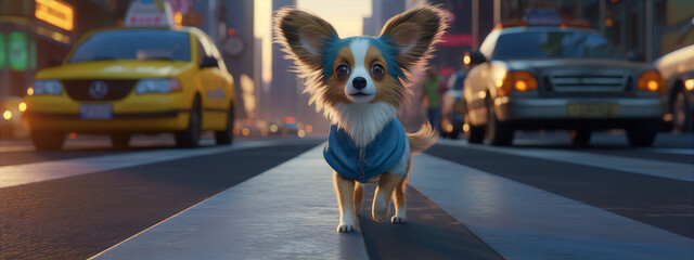 A cute cartoon dog with blue and white fur, wearing a blue sweater, is crossing a busy street with cars in the background. - obrazy, fototapety, plakaty
