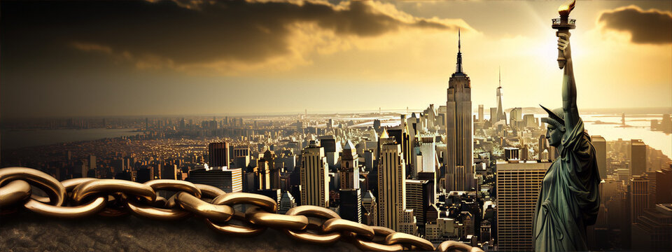 Statue of Liberty holding a broken chain with a cityscape in the background