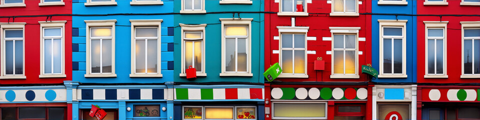 A row of colorful buildings with different patterns and colors.