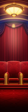 Red theater seats with a red curtain and golden accents