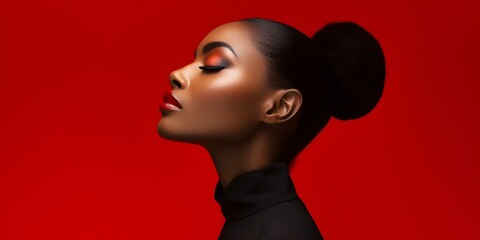 Profile of elegant Black woman model with eyes closed on red backdrop. Concept Fashion Photography, Elegant Portraits, Black Model, Red Backdrop, Closing Eyes © Anastasiia