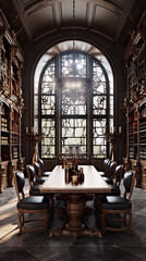 Fototapeta na wymiar Dark academia library with a large stained glass window, wooden table, and chairs