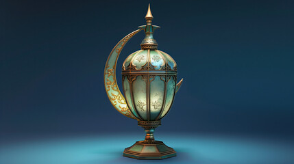 Naklejka premium 3d ramadan lantern with crescent moon on a blue background. ramadan kareem holiday celebration concept