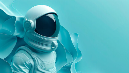 An astronaut in a white spacesuit looks into the distance on a blue background with waves of matter behind him, in profile close-up, free space for text - obrazy, fototapety, plakaty