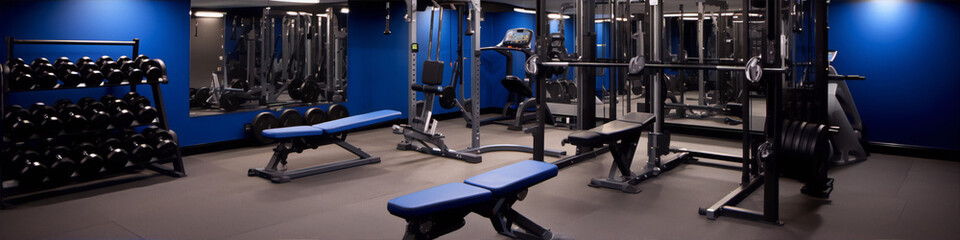 Fototapeta na wymiar Blue modern gym interior with exercise machines and weights