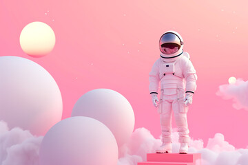 An astronaut in a white spacesuit stands on pink steps, on a pink background, next to clouds and pink spheres - obrazy, fototapety, plakaty
