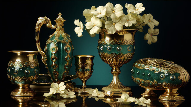 3D rendering of a golden goblet, vase, and pitcher with white flowers against a dark green background.