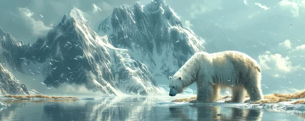 Poster A polar bear on a shrinking ice cap a powerful image of melting glaciers due to global warming © charunwit