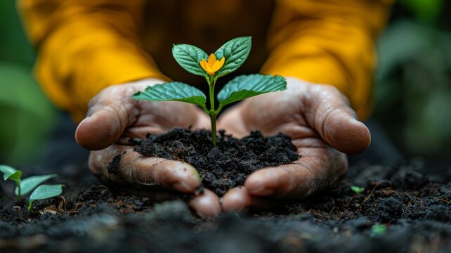 A professional figure nurturing a bud representing the careful attention required for business and environmental growth