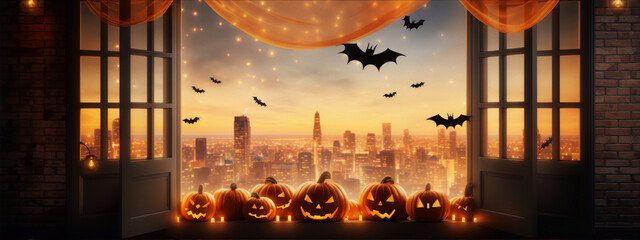Halloween pumpkins on windowsill with bats and cityscape at night in orange and black colors, digital art
